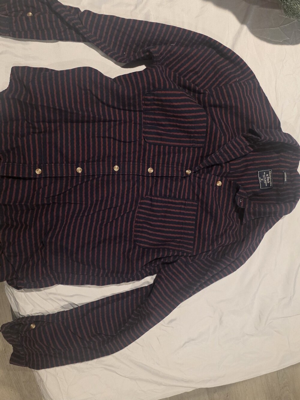 Abercrombie & Fitch Navy and Burgundy Striped Button-Up Shirt